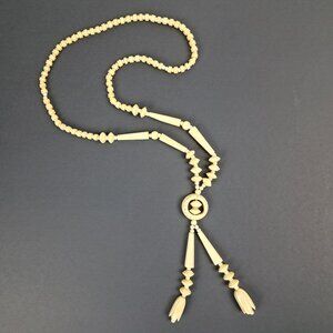 Vintage Long Cream Carved Beaded Necklace with Carved Pendant & Dangling Tassels